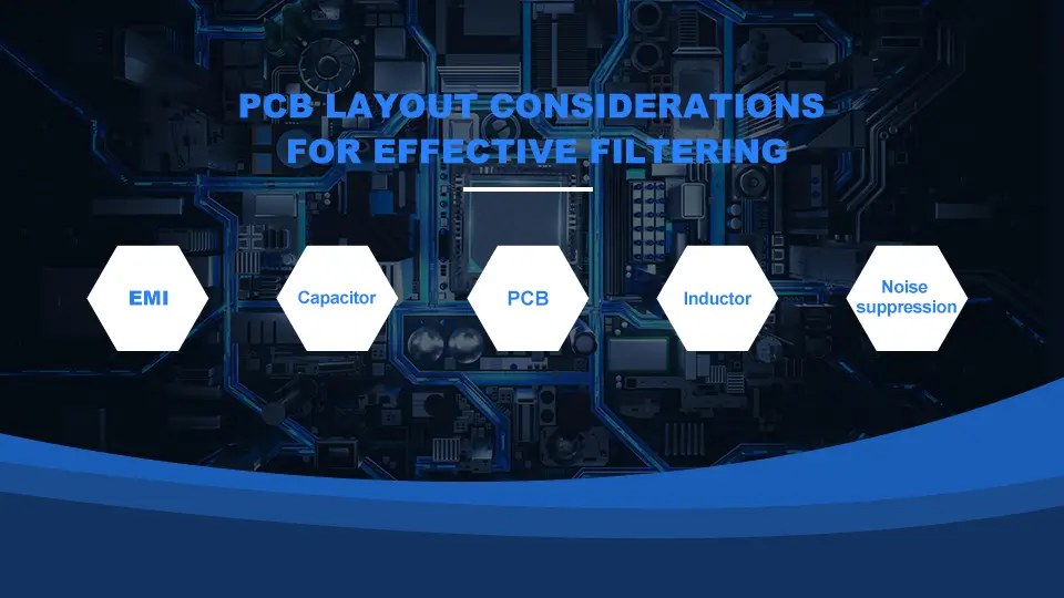 A detailed professional PCB layout is depicted, showcasing optimal component placement and a well-designed ground plane aimed at minimizing switching noise and enhancing output filter performance. The layout emphasizes the arrangement of output capacitors and inductors to effectively manage output ripple and improve noise rejection in switching power supplies.